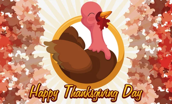 Turkiet håller lönnlöv i sin näbb firar kanadensiska Thanksgiving, vektorillustration — Stock vektor