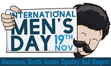 Mutlu adam uluslararası erkekler gün, vektör çizim için bir tebrik işaret tutan