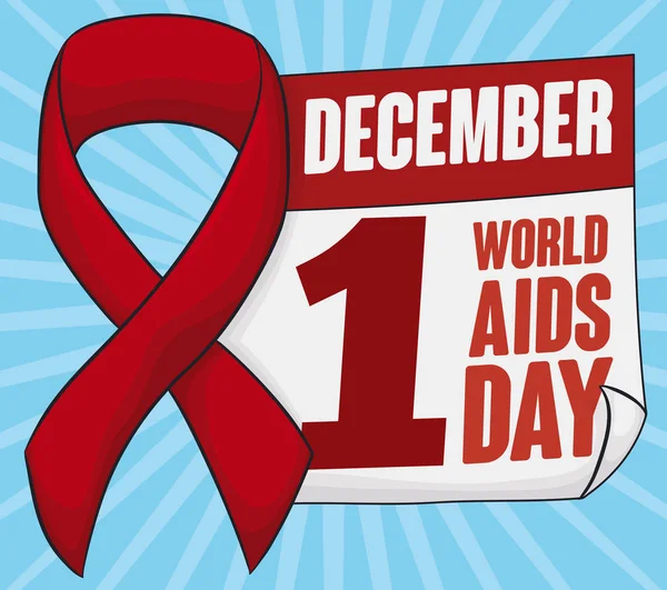 Nastro rosso e calendario commemorativo della Giornata Mondiale dell'AIDS Celebrazione, illustrazione vettoriale — Vettoriale Stock