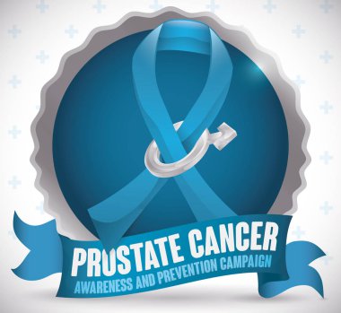 Prostat kanseri bilinçlendirme kampanyası, vektör çizim için mavi kurdele ile yuvarlak düğmesi