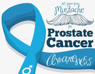 Hand Drawn Mustache with Blue Ribbon for Prostate Cancer Campaign, Vector Illustration clipart