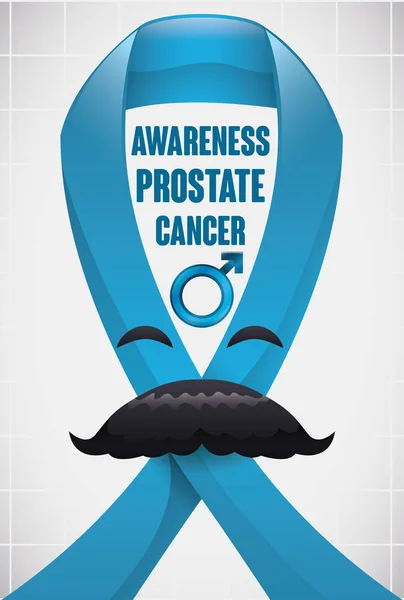 Feliz Sorrindo Blue Ribbon com bigode para a campanha de câncer de próstata, ilustração vetorial — Vetor de Stock