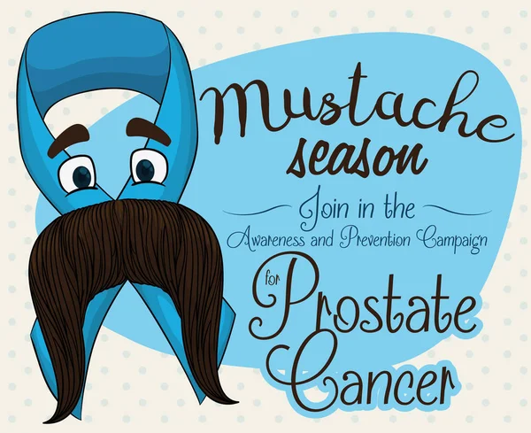 Blue Ribbon with Mustached Face for Prostate Cancer Campaign, Vector Illustration — Stock Vector