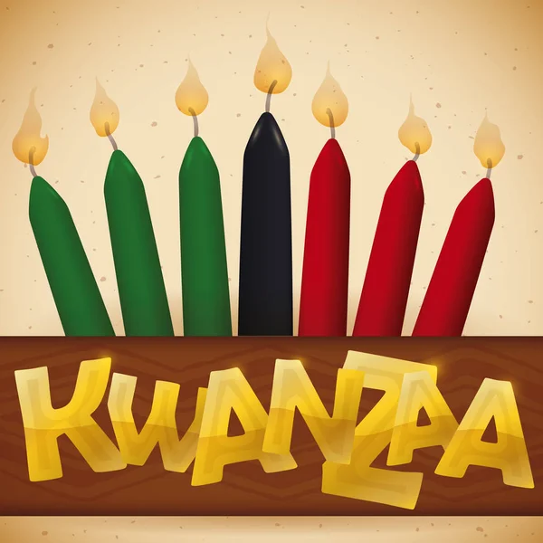 Traditionelle Kerzen über einem Band mit goldenem Text für kwanzaa, Vektorillustration — Stockvektor