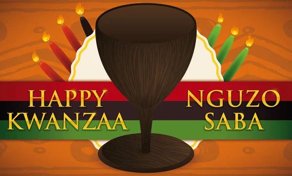 Kwanzaa ντιζάιν με παραδοσιακά Κύπελλο, κεριά, ετικέτα και σημαία, διανυσματικά εικονογράφηση — Διανυσματικό Αρχείο