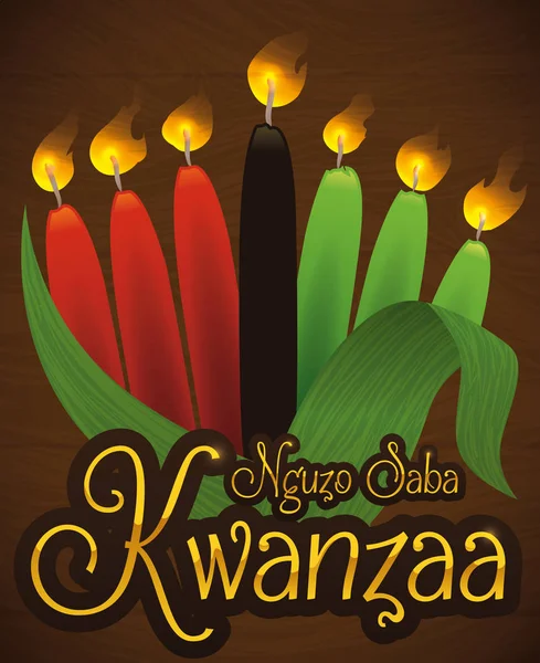 Velas iluminadas com cascas de milho para a celebração de Kwanzaa, ilustração vetorial — Vetor de Stock