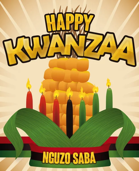 Traditioneller Mais, Flagge und Kerzen für die Kwanzaa-Feier, Vektorillustration — Stockvektor