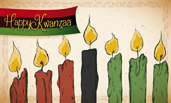 Hand Drawn Candles with little Ribbon for Kwanzaa Celebration, Vector Illustration — Stock Vector