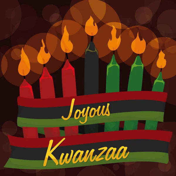 Traditional Kwanzaa Candles with Ribbon and Bokeh Background, Vector Illustration — Stock Vector