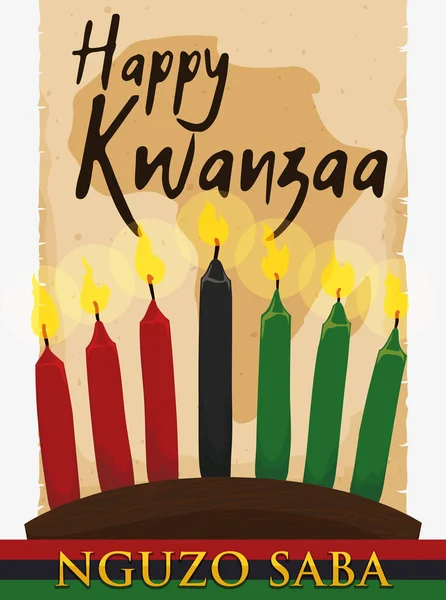 Afrikaanse kaart over oude schuiven en brandende kaarsen voor Kwanzaa, vectorillustratie — Stockvector