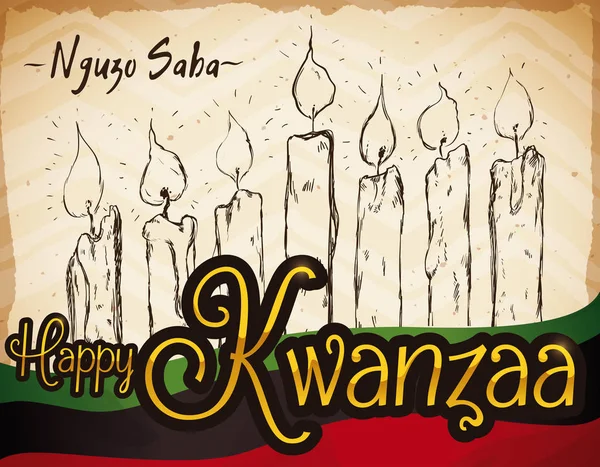 Handgezeichnete Kerzen mit Fahne zur Kwanzaa-Feier, Vektorillustration — Stockvektor