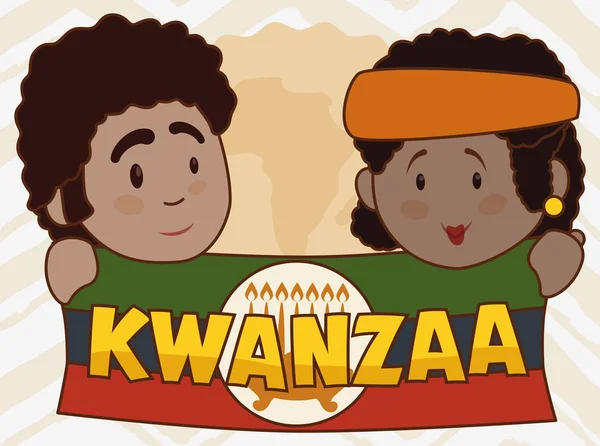 Schattig paar Holding Kwanzaa vlag met kaarslicht, Vector Illustratie — Stockvector