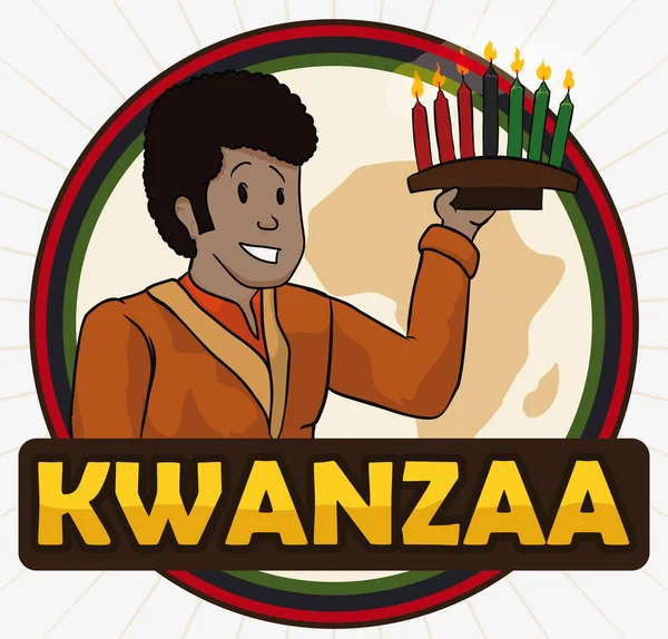 Gelukkig Afro-Amerikaanse Man houden een Kinara Kwanzaa, vectorillustratie — Stockvector