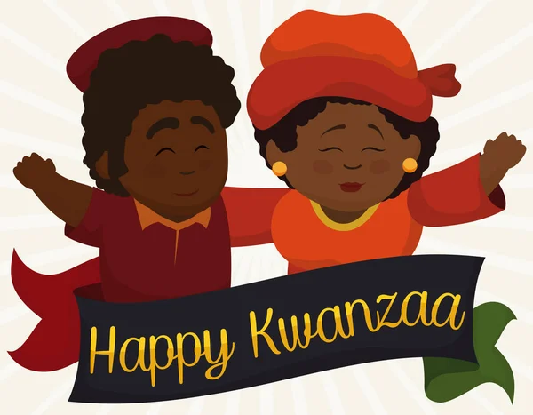 Happy Dark-skinned Couple Greeting Each Other for Kwanzaa, Vector Illustration — Stock Vector