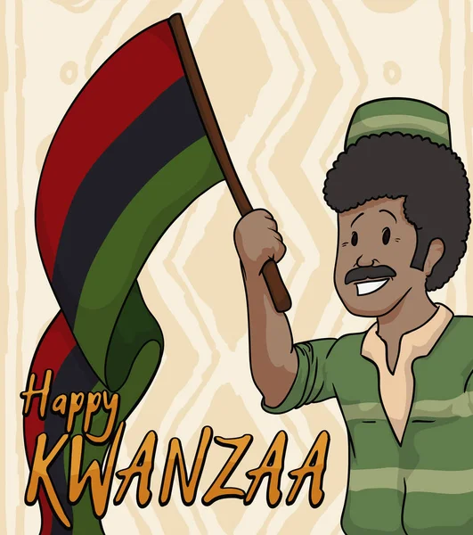 Happy Senior Man holding a Flag for Kwanzaa Celebration, Vector Illustration — стоковый вектор