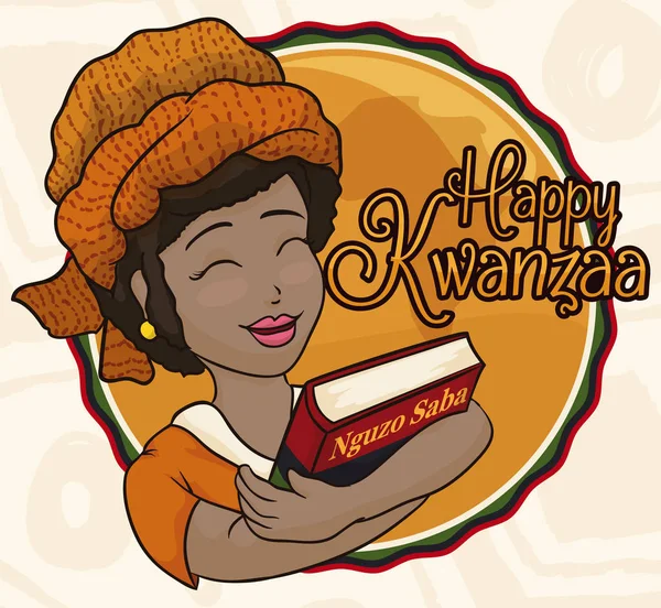 Beleza Senhora com turbante e livro comemorando Kwanzaa, ilustração vetorial —  Vetores de Stock