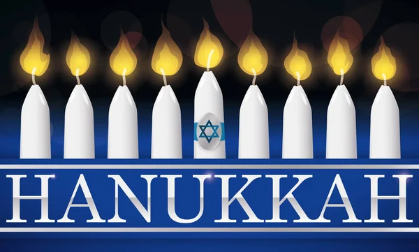 Traditionelle Chanukka entzündete Kerzen mit silbernen Buchstaben, Vektorillustration — Stockvektor