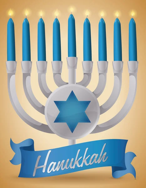 Hanoukka argent avec bougies bleues et ruban pour Hanoukka, Illustration vectorielle — Image vectorielle