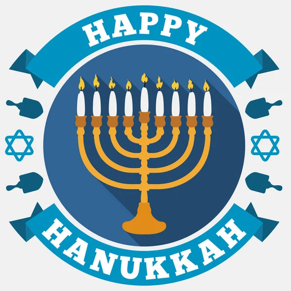 Chanukiah, linten, sterren en Dreidels voor Hanukkah in vlakke stijl, vectorillustratie — Stockvector