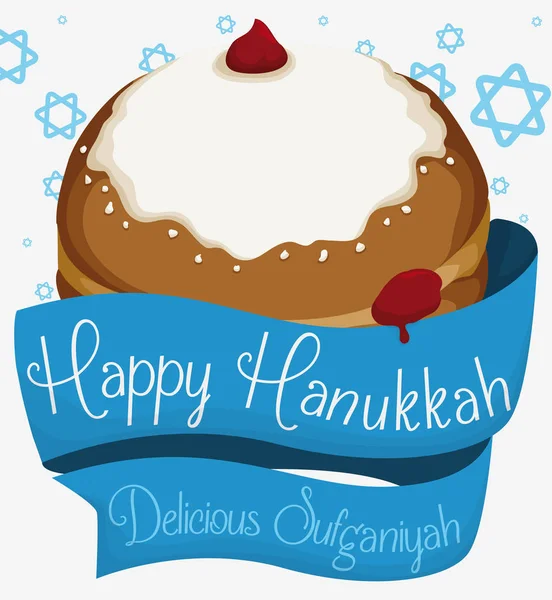 Sufganiyah com fitas azuis em torno dele e estrelas para Hanukkah, ilustração vetorial — Vetor de Stock