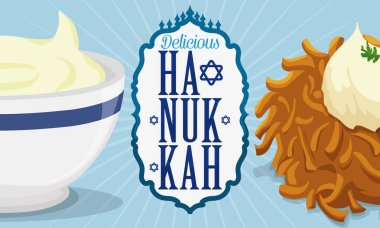 Delicious Latke and Sauce with Label Commemorating Hanukkah Traditions, Vector Illustration clipart