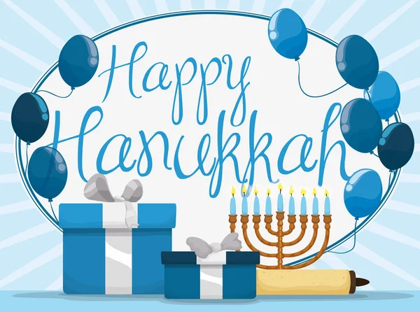 Balloons, Scroll, Chanukiah and Gifts for Hanukkah Celebration, Vector Illustration — Stock Vector