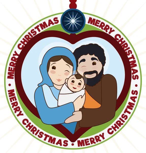 Traditionelle heilige Familie in einem Herz-Anhänger mit weihnachtlichem Design, Vektorillustration — Stockvektor