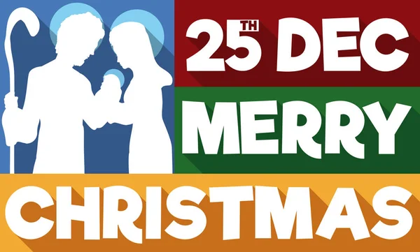 Silhouetten der Heiligen Familie im flachen Stil mit Weihnachtsgrüßen, Vektorillustration — Stockvektor