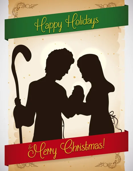 Cartolina con Sacra Famiglia Silhouette in Pergamena con auguri natalizi, Illustrazione vettoriale — Vettoriale Stock