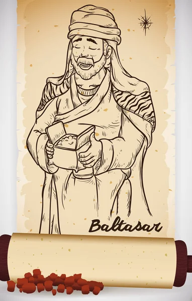Handzeichnung eines weisen Mannes in Schriftrolle mit Myrrhe: Balthazar, Vektorillustration — Stockvektor