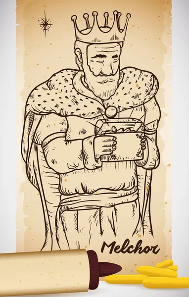 Mão Desenhada do Homem Sábio no Rolo com Ouro: Melchior, Ilustração do Vetor — Vetor de Stock