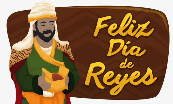 Balthazar Magi con Mirra Celebrando la Epifanía o Día de Reyes, Ilustración Vectorial — Archivo Imágenes Vectoriales