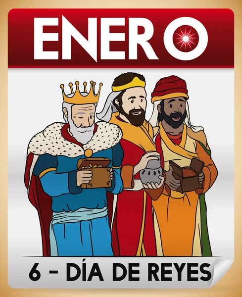 Calendario Español Recordándote "Día de Reyes" o Celebración de la Epifanía, Ilustración Vectorial — Vector de stock