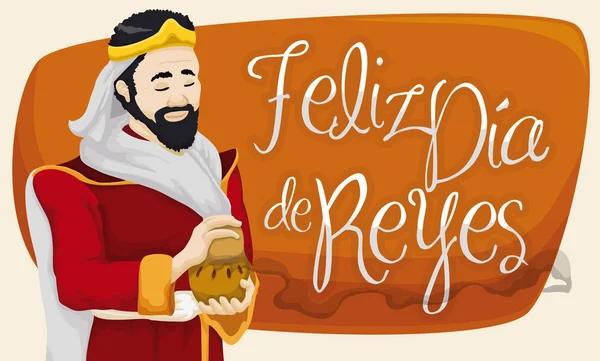 Caspar Magi with Frankincense Celebrating Epiphany or Dia de Reyes, Vector Illustration — Stock Vector