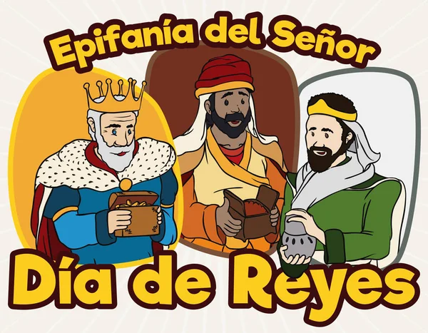 Diseño de dibujos animados con tres magos felices celebrando el Día de Reyes, ilustración vectorial — Archivo Imágenes Vectoriales