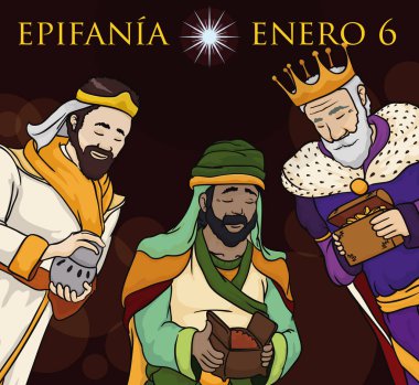 Three Wise Men Delivering Gifts in Epiphany's Night in Spanish, Vector Illustration clipart