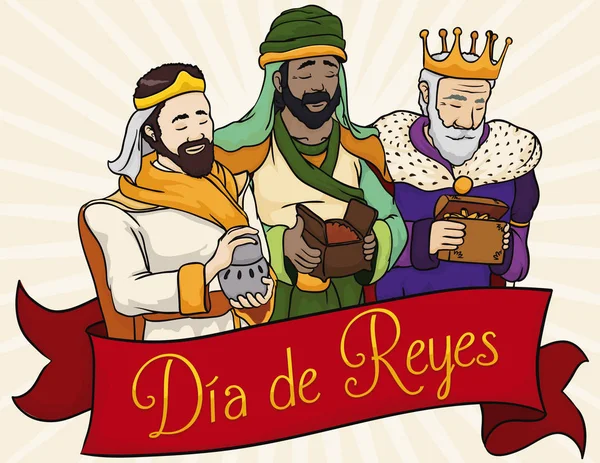 Tres Magos Bíblicos detrás de la Cinta para el 'Día de Reyes' Español, Ilustración Vectorial — Vector de stock