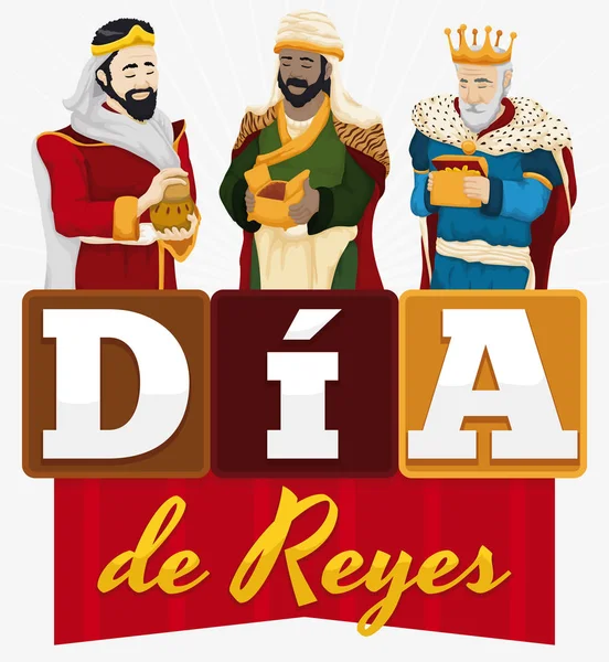 Diseño festivo para el 'Día de Reyes' español con tres magos, ilustración vectorial — Vector de stock