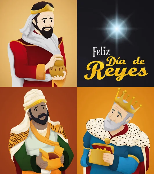 Tři mudrci a Star "Dia de Reyes" nebo zjevení, vektorové ilustrace — Stockový vektor