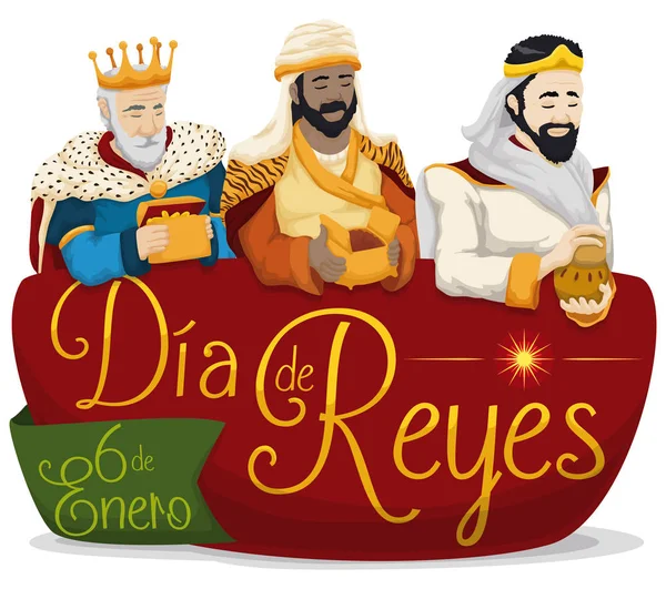 Třech králích nad označení "Dia de Reyes" nebo zjevení, vektorové ilustrace — Stockový vektor
