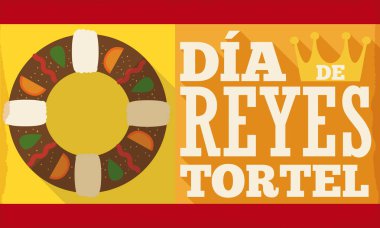 Afiş Tortell ve taç için İspanyolca 'Dia de Reyes' ile vektör çizim