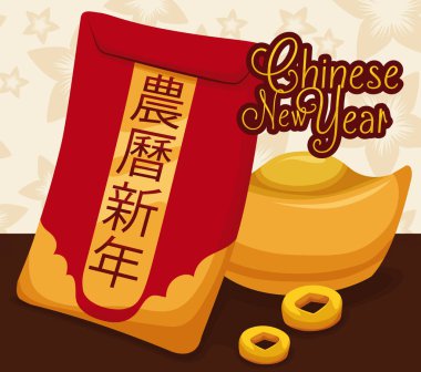 Kırmızı zarf, külçe ve para, Çince yeni yıl hediye illüstrasyon vektör