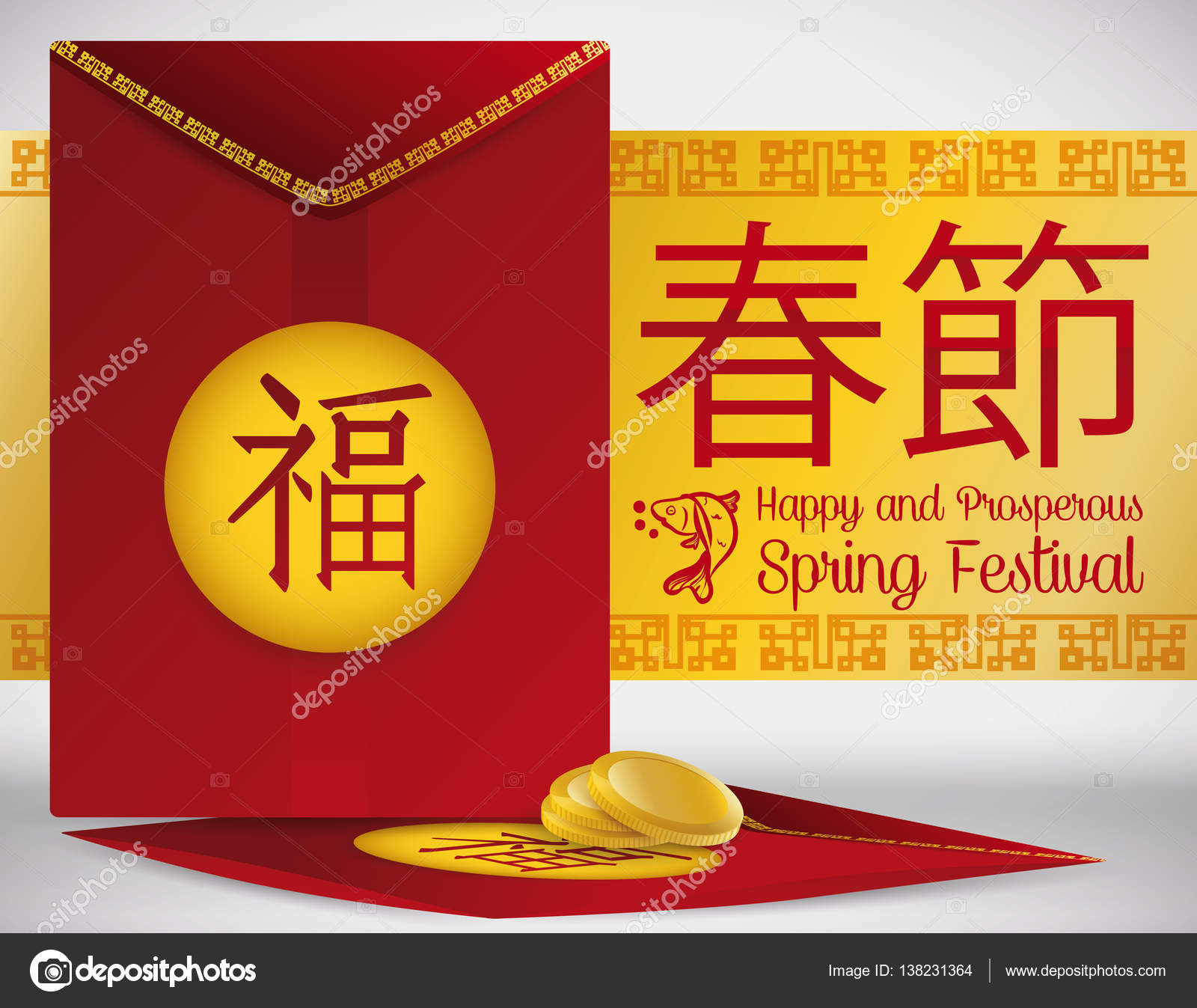 Traditional Chinese Red Envelope with Coins for New Year, Vector