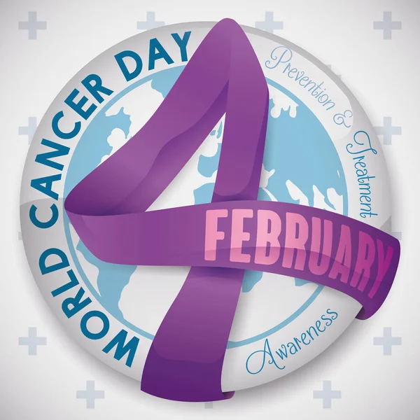 Bouton rond avec ruban comme quatre chiffres pour la journée du cancer, Illustration vectorielle — Image vectorielle