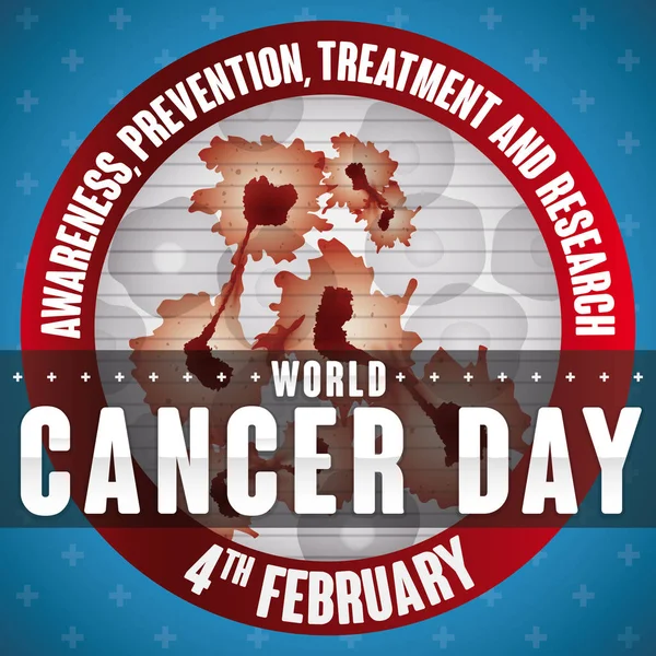Στρογγυλό κουμπί με καρκινογόνα κύτταρα προβολή για εορτασμό ημέρα του καρκίνου, εικονογράφηση διάνυσμα — Διανυσματικό Αρχείο