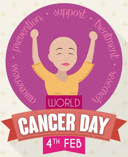 Jovencita victoriosa celebrando el Día Mundial del Cáncer con estilo plano, ilustración vectorial — Archivo Imágenes Vectoriales