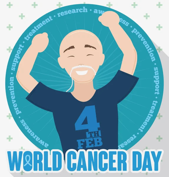 Hombre victorioso en tratamiento en el Día Mundial del Cáncer, ilustración vectorial — Archivo Imágenes Vectoriales