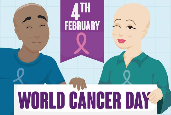 Una pareja valiente sostiene una pancarta y conmemora el Día Mundial del Cáncer, ilustración vectorial — Archivo Imágenes Vectoriales