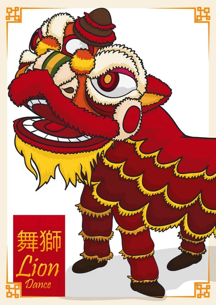 Traje tradicional chino de león rojo para bailar en días festivos, ilustración vectorial — Vector de stock
