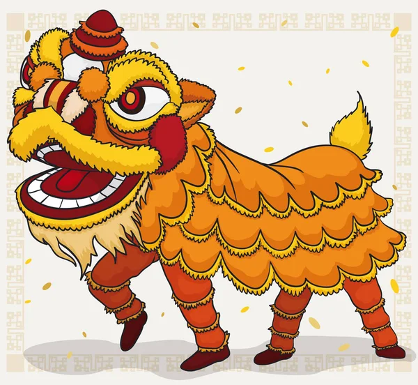 Traje amarillo chino tradicional para la exhibición de la danza del león, ilustración del vector — Vector de stock